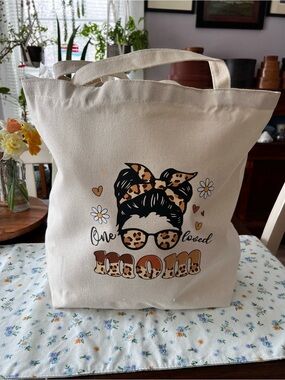 One Loved Mom Beige Canvas Tote Bag with Leopard Accent